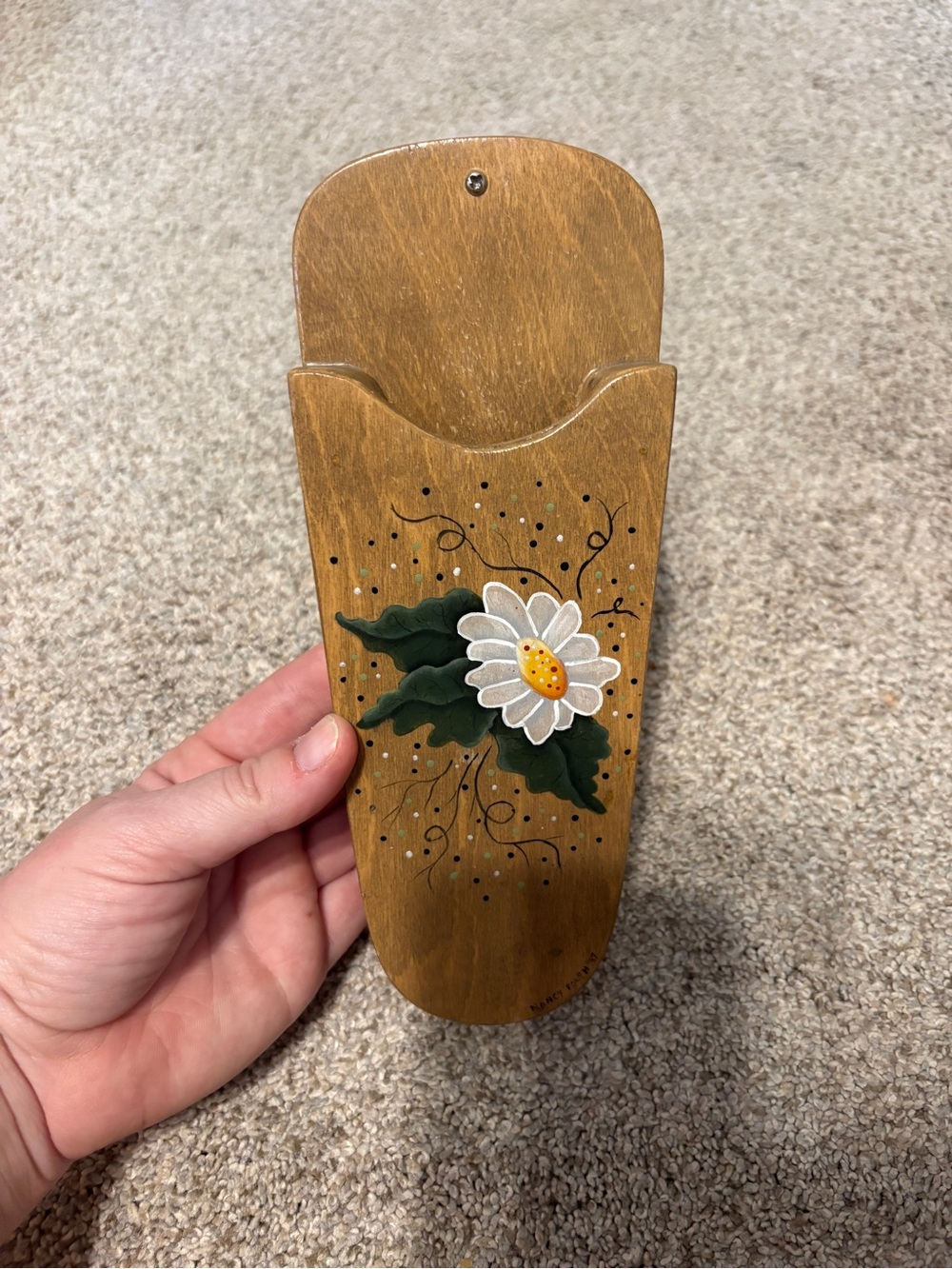Vintage Hand Painted Wooden Scissor Holder Floral Wall Pocket Flower Signed